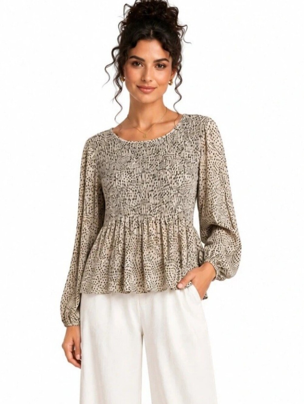 Urban Romantics Tan Animal Print Smocked Peplum Long Sleeve Top Size Small